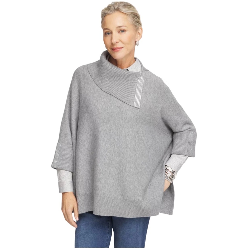 Chico's Gray Luxe Embellished Rhinestone Cashmere Blend‎ Poncho Sweater L/XL EUC